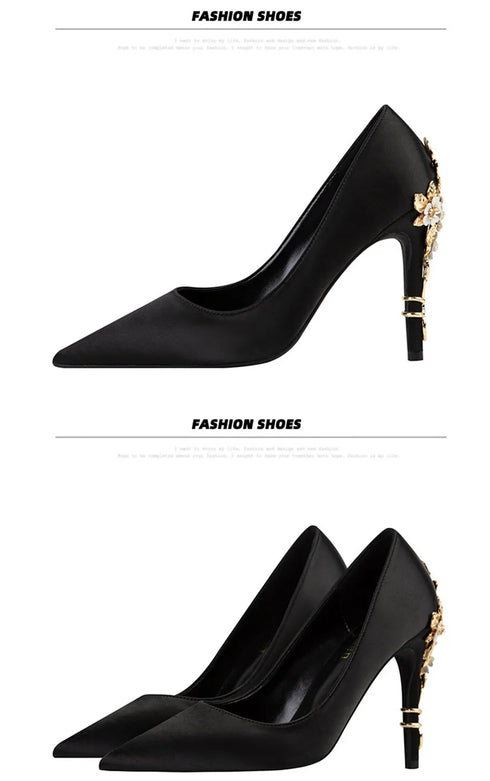 Elegant Crystal-Embellished Silk Pointed Toe Pumps for Women - Luxurious High Heels Perfect for Bridal and Evening Wear, Sexy Dress Shoes with Thin Heels